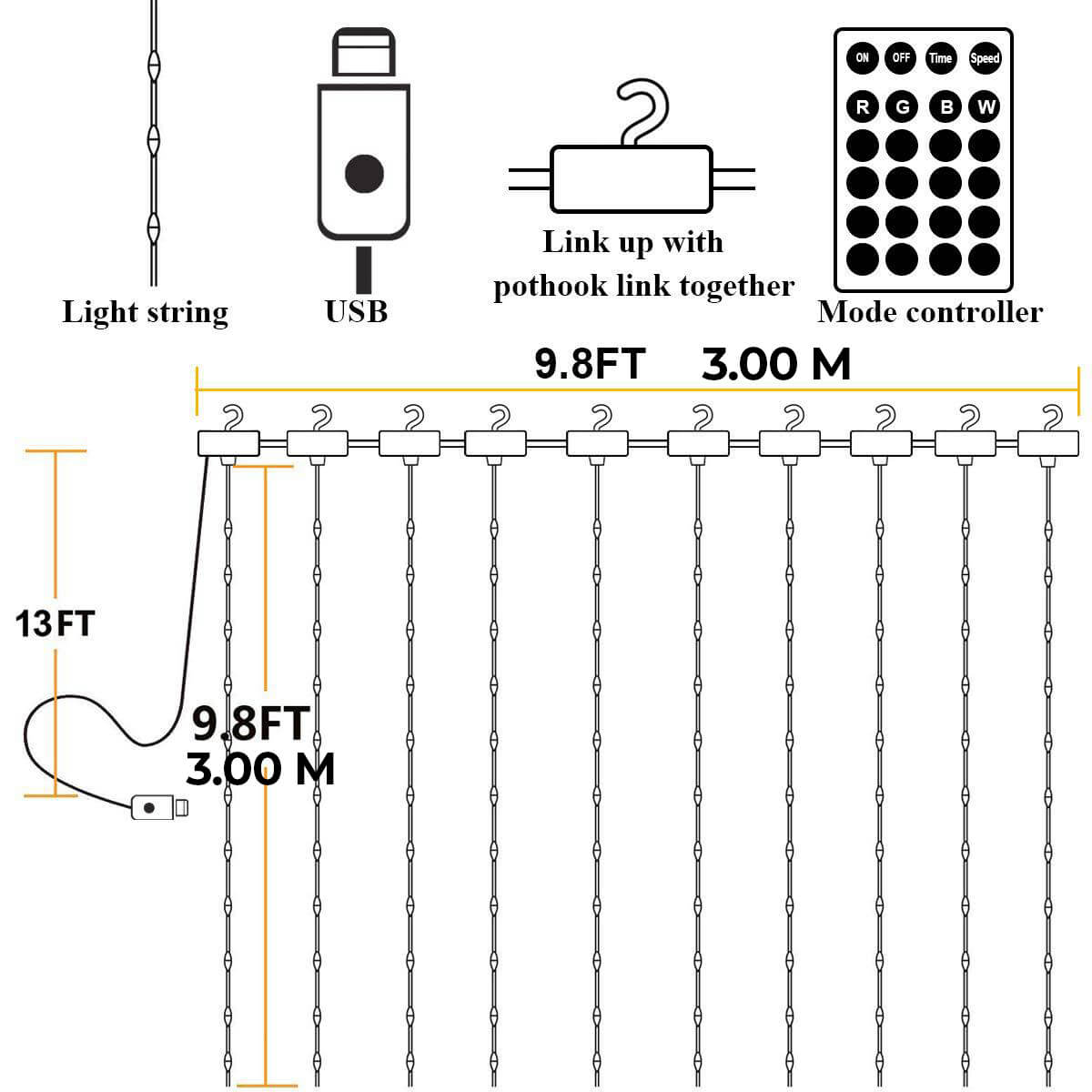 200 LED, USB hanging lights LIGHTPOP - 9,8x9,8 feets with remote control and sound sensor