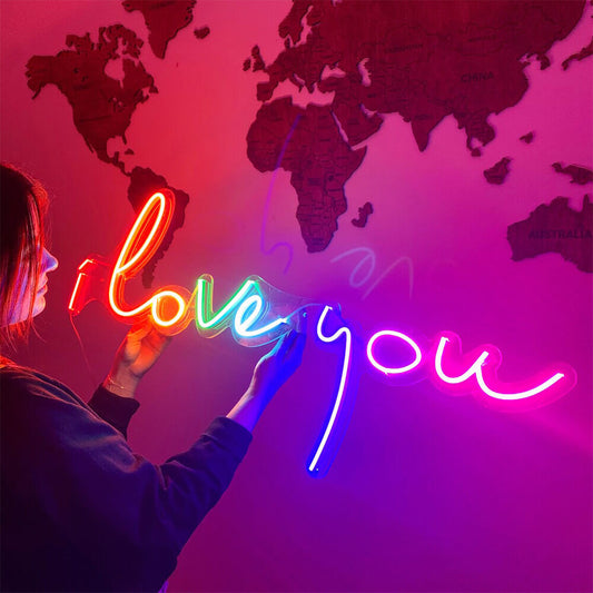 "I LOVE YOU" - LED Neon Sign, Rainbow Style (Size 23.6”x10.6”)