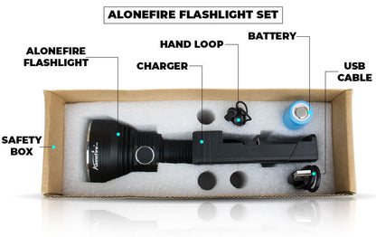 ALONEFIRE - Extremely bright 50000 lumen flashlight, 40x light zoom up to 3200 ft range